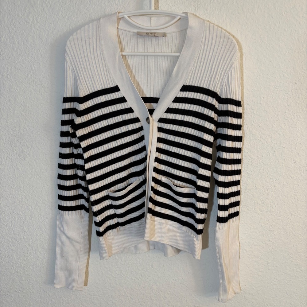 LOFT Cardigan Women XS White Black Striped Button V-Neck Ribbed Knit